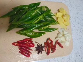 爆炒猪肚,准备绿尖椒斜切成段儿，美人椒切丝，备调料：葱，姜，蒜，干辣椒，八角。