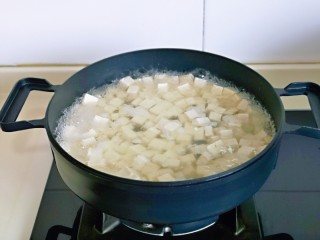 家常烧豆腐,北豆腐焯水，冷水下锅，大火烧开，煮2分钟，捞出淋干水分备用。