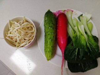 老北京炸酱面,准备豆芽，小黄瓜，水萝卜，小油菜，清水洗净。