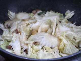 白菜炖豆腐,放入白菜片改大火快速翻炒，差不多半分钟左右白菜变软。