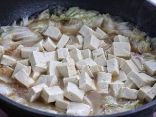 白菜炖豆腐,然后再将豆腐放进锅中轻轻翻拌均匀，用中小火炖煮十分钟左右。