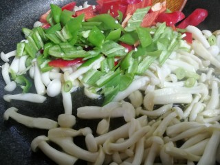 减脂系#素炒白玉菇青椒#,然后放入红青椒，绿青椒、葱花煸炒一会儿。