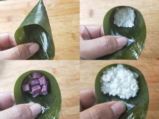 水晶粽子,开始包粽子啦
取出两片粽叶重叠，在1/3处折成小圆锥
放入一半西米
中间放紫薯或者豆沙
上面一半再放入西米填平