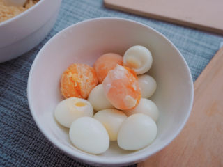 红豆粽子,鹌鹑蛋和咸鸭蛋先蒸6-8分钟后剥皮，咸鸭蛋白去掉，只留蛋黄