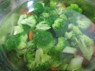 减脂系~凉拌虾仁西兰花胡萝卜,焯好的西兰花胡萝卜放在冷水里浸泡一下，然后捞出来控水备用。