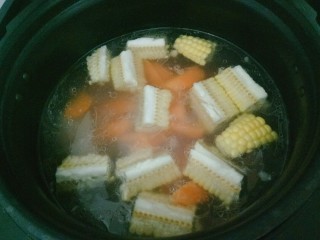 胡萝卜玉米排骨汤,程序结束后，加入玉米和胡萝卜，再次选择一个20分钟的程序
