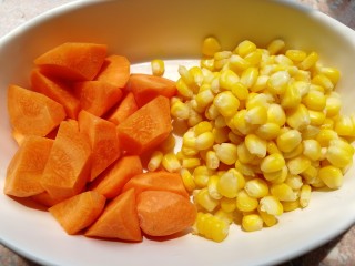 胡萝卜玉米排骨汤,胡萝卜去皮，洗净切滚刀块，甜玉米粒一小碗。