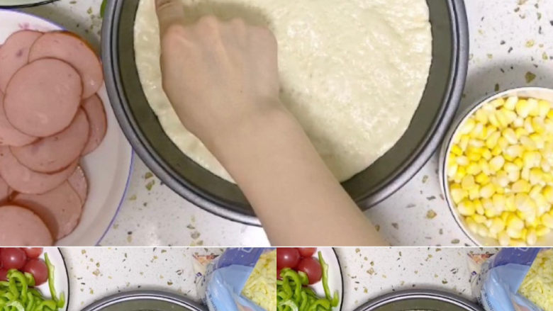 培根火腿披萨,发酵好的饼皮按一下能回弹即可，刷一层橄榄油，刷刚才炒好的披萨酱