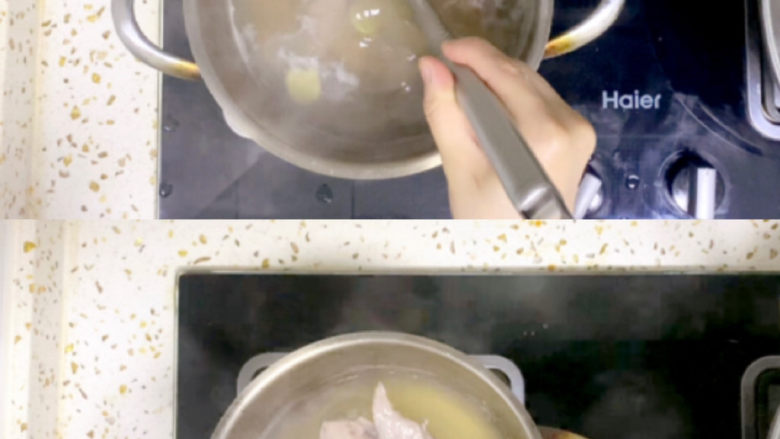 菠菜猪肝粥,开锅后撇去血沫，煮1至2分钟，捞出过冷水