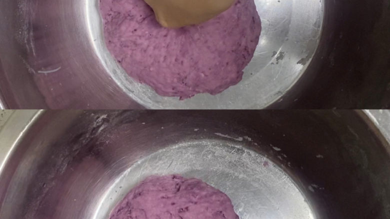 紫薯玫瑰花馒头,发酵好的面团用手指戳一下不回弹即可