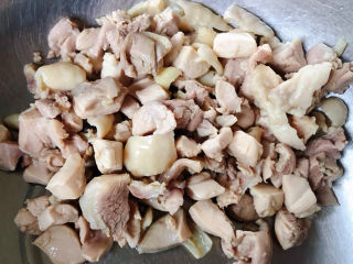 香菇滑鸡粥,焯好水的鸡腿肉立即放入冷水中过凉洗净沥干水份