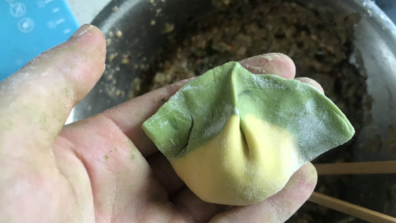 彩色芹菜猪肉饺子,捏出自己喜欢的形状，黄心绿边的