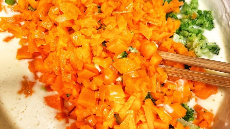 西兰花胡萝卜鸡蛋饼,再加入切碎的西兰花胡萝卜，搅拌均匀