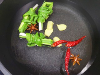 花生猪骨汤,微压锅里面放入小葱结、生姜片、干红辣椒和八角，加入纯净水。
