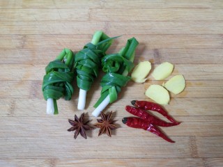 花生猪骨汤,小葱打成结，生姜切成片，准备好干红辣椒和八角。