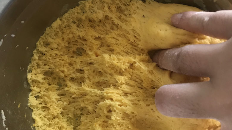 双色豆沙包,发酵好的面团，用手抓能看到蜂窝组织