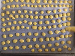 宝宝蛋黄溶豆,然后挤入铺了油纸的烤盘，每两个溶豆之前间隔一个溶豆的距离