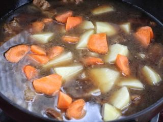 胡萝卜炖牛腩,待牛腩差不多炖熟后放入胡萝卜和土豆块，继续用中小火炖煮约二十分钟。