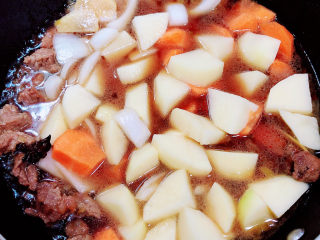 胡萝卜炖牛腩,放入土豆和胡萝卜，煮开过后，中火慢炖15分钟。
