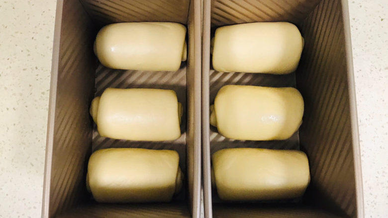 一次性发酵的白吐司,全部移至磨具里进行一次性发酵