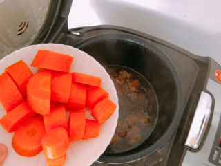胡萝卜炖牛腩,开锅之后倒入胡萝卜，再炖上半个小时。