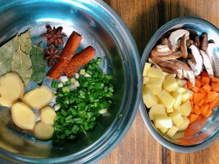 土豆排骨焖饭,香菇切片，土豆胡萝卜切丁，葱切碎，准备香料