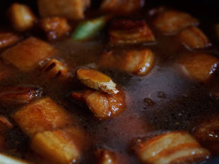 油焖冬笋,加入没过肉的热水，放入葱段、姜片，大火煮滚转小火慢炖一小时。