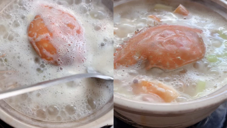 潮汕海鲜粥,大火煮至沸腾之后，转小火慢慢煲煮，期间将面上的白沫浮去。