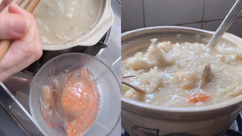 潮汕海鲜粥,米汤逐渐粘稠之后，将蟹壳虾头取出，将鲜活的虾肉蟹肉加入其中，煮到熟。