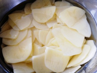 青椒土豆片,换两遍水，直到水清澈。（洗掉淀粉的土豆片炒起来不会粘锅）