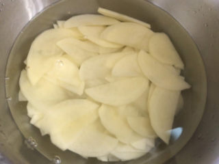 青椒土豆片,洗去淀粉后泡在清水里，防止氧化发黑