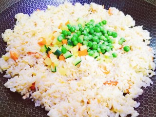 耳光炒饭,待米饭粒粒分明时加入蔬菜丁