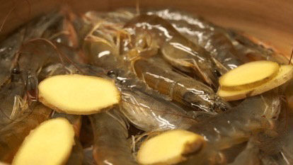 清蒸虾,用姜片或者姜丝把虾腌渍一会儿。
