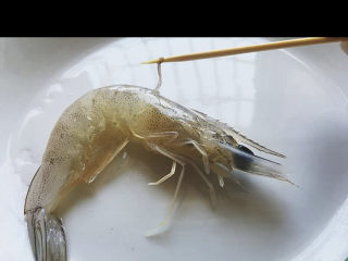 清蒸虾,用牙签从虾头那一节将虾线挑出来。