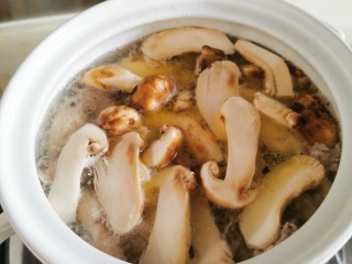 松茸鸡汤,接着放入松茸片，继续煮20分钟。