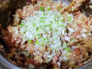 猪肉白菜水饺,切些葱花最后放到肉馅里，拌匀即可。
