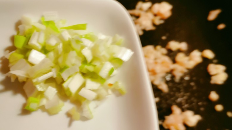 肉末炖豆腐,放入葱碎增香。