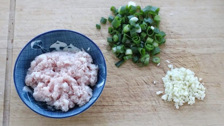 肉末炖豆腐,猪肉用料理机打成肉糜，切葱花和蒜末备用。