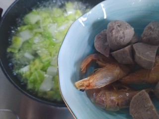 白菜豆腐汤,待水烧开后，加入虾干和牛肉丸