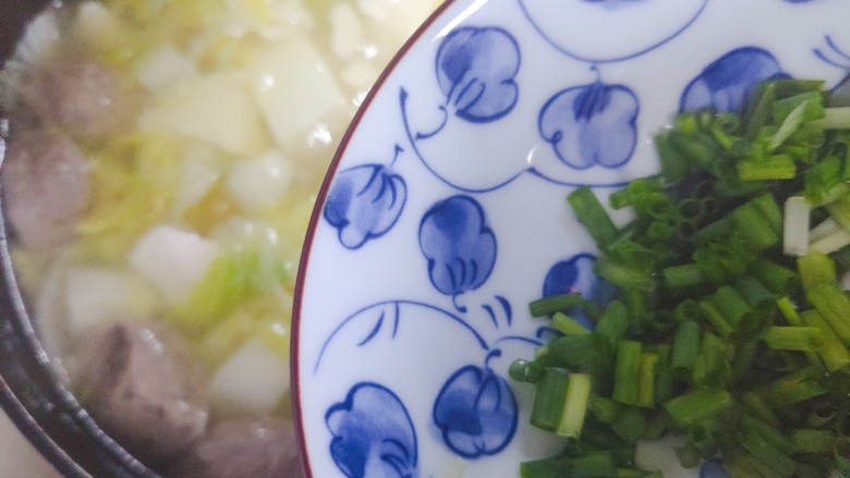 白菜豆腐汤,加入小葱，搅拌均匀即可