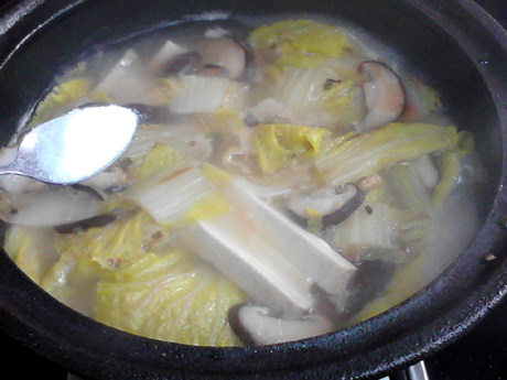 白菜豆腐汤,加入食盐、胡椒粉调味。