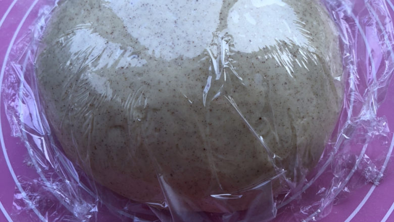 全麦奶油面包卷,取出面团滚圆，盖保鲜膜进行第一次发酵。