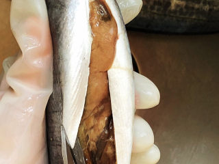 红烧鲅鱼,掏出鱼肚内的杂物