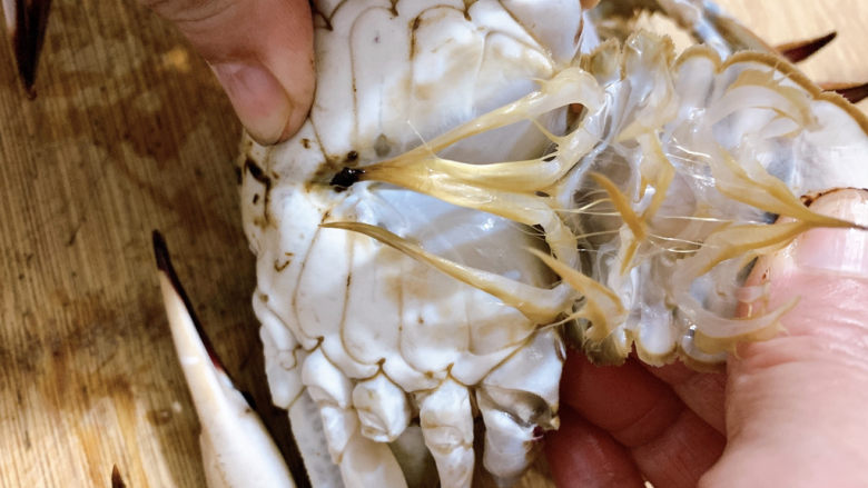咖喱梭子蟹,将梭子蟹洗净，从尾部剥开，并掀起蟹壳。