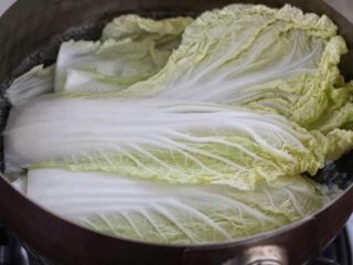 白菜包肉,白菜叶洗净后放进开水锅中，焯烫两分钟至菜叶变软，捞出沥水备用。