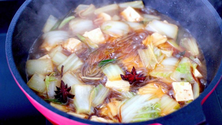白菜豆腐粉条,盖上锅盖继续中火炖煮10分钟。