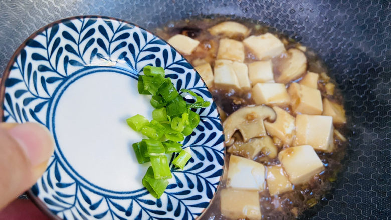 蘑菇炖豆腐,入葱花