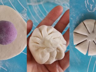 紫薯双色花朵馒头,取一个白色面团擀成饼状，包入紫色面团，再擀成饼，用刀切成8等份