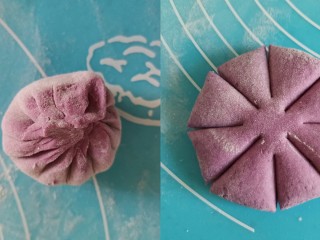 紫薯双色花朵馒头,做紫色花朵也是一样的操作，紫色面皮包住白色面团，擀成饼，分成8等份