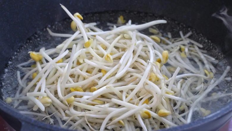 豆芽炒粉丝,锅中烧开水，下入黄豆芽焯烫二十秒左右捞出。